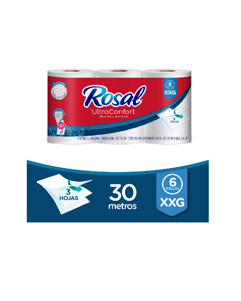 Papel Higiénico Rosal XXG 6 Rollos Triple Hoja de 30 Metros c/u