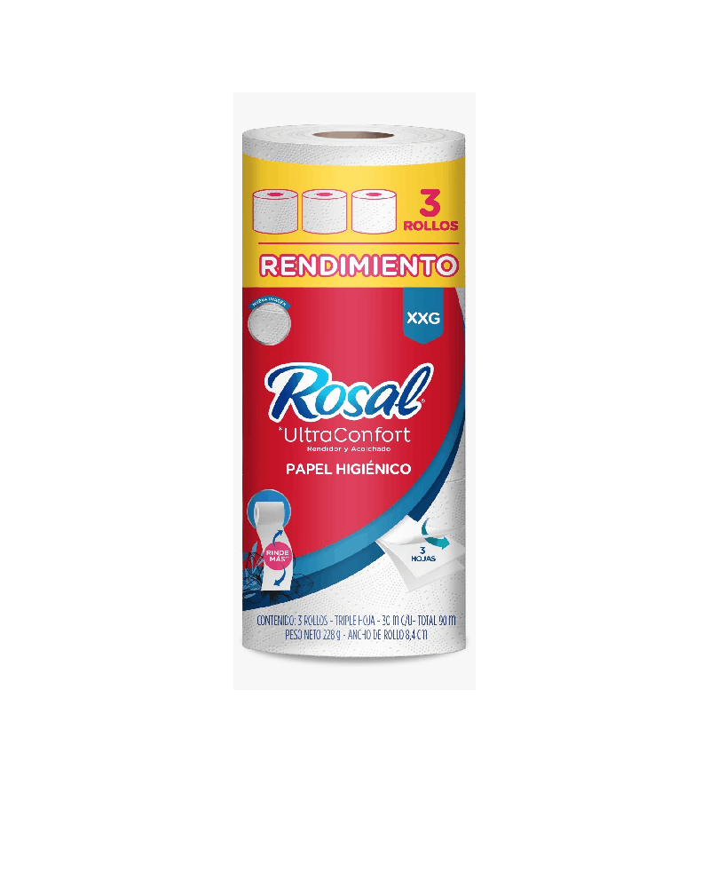 Papel Higiénico Rosal XXG 3 Rollos Triple Hoja de 30 Metros c/u